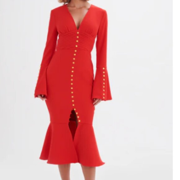 NWT SALMA Fluted Sleeve Rose Button Midi Dress in Red US 6 - Picture 2 of 6